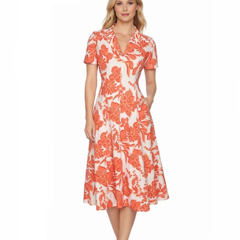Vintage Handmade Peach White Floral Polyester Midi to Maxi Hostess Dress